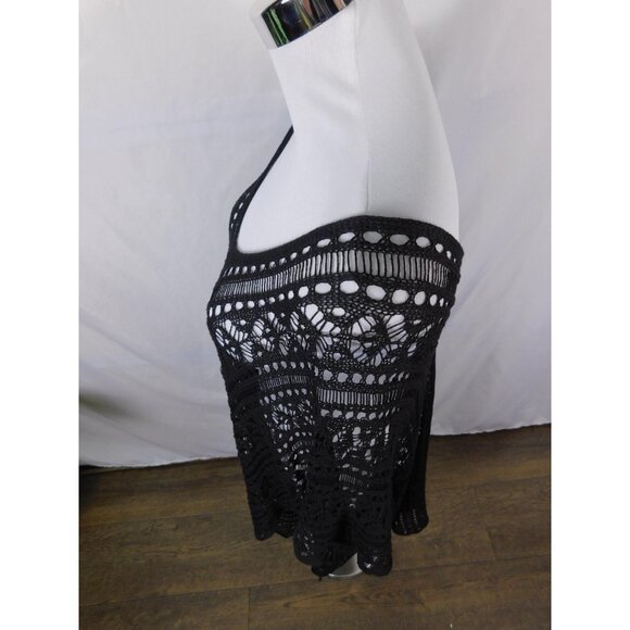 Crochet Poncho Womens One Size Black Boho Open Knit Tassel Hem Cover Up Beach - Picture 5 of 11